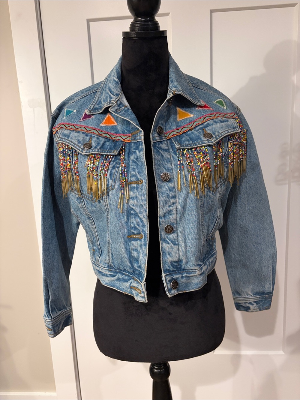 Light Blue Embellished Cropped Denim Jacket with Beaded Fringe